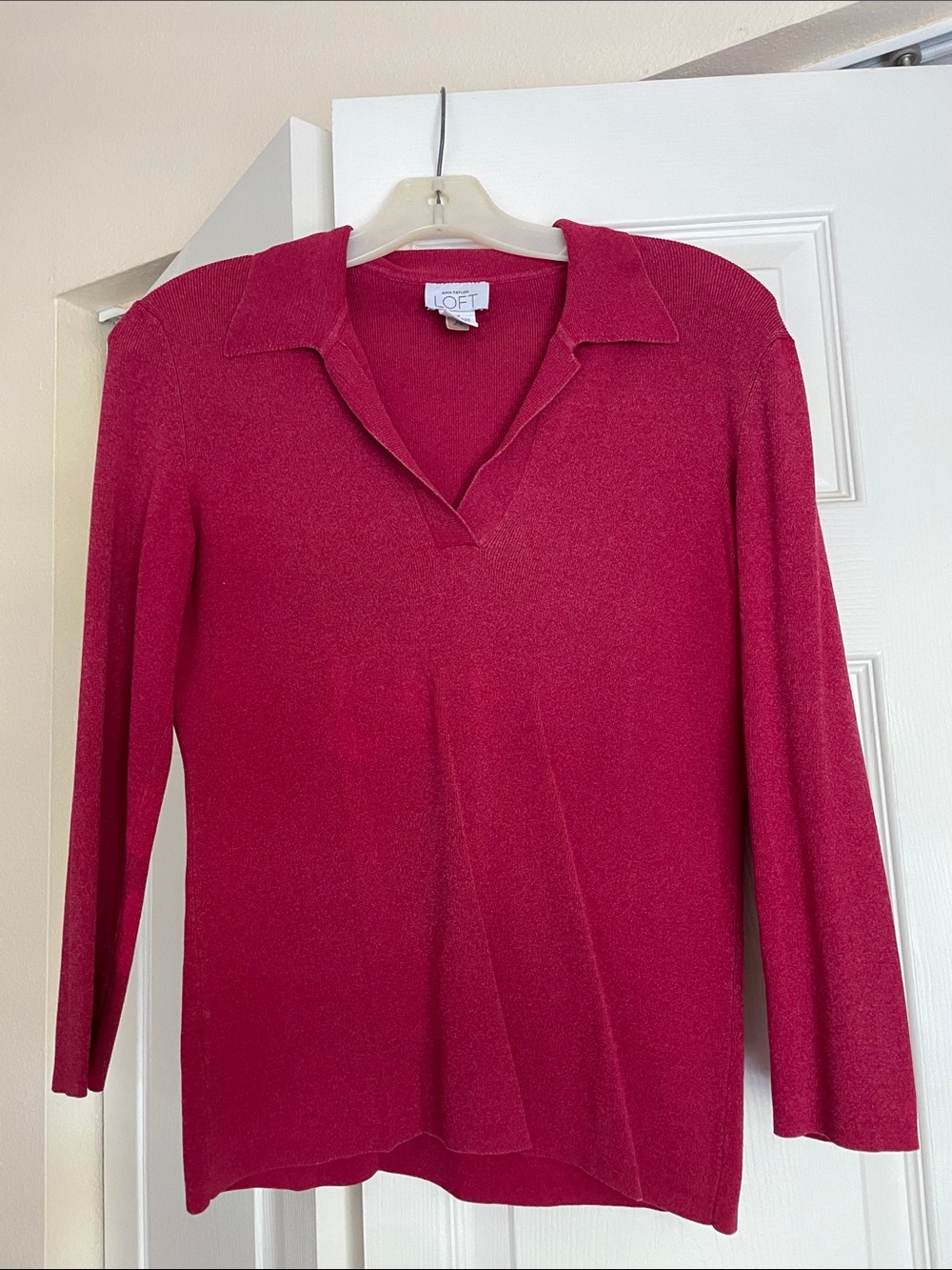 LOFT Long Sleeve Collared Knit Top in Raspberry